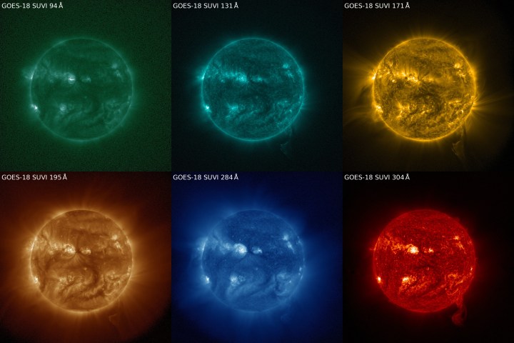 First images of the sun captured by GOES-18's SUVI Instrument on July 10, 2022, showing a coronal mass ejection at six different wavelengths.