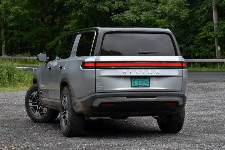 Rear three quarter view of the 2022 Rivian R1S electric SUV.