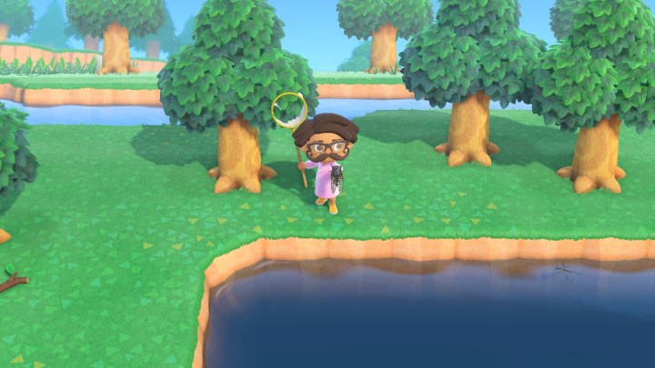 Holding a net in Animal Crossing: New Horizons.