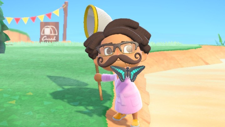 Character holding butterfly in Animal Crossing: New Horizons.