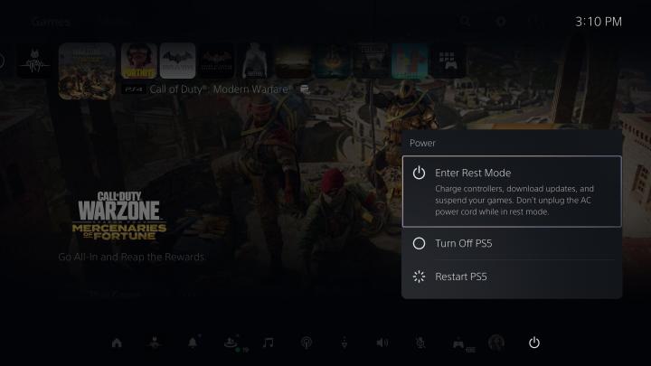 Menu allowing you to place PS5 into Rest Mode.