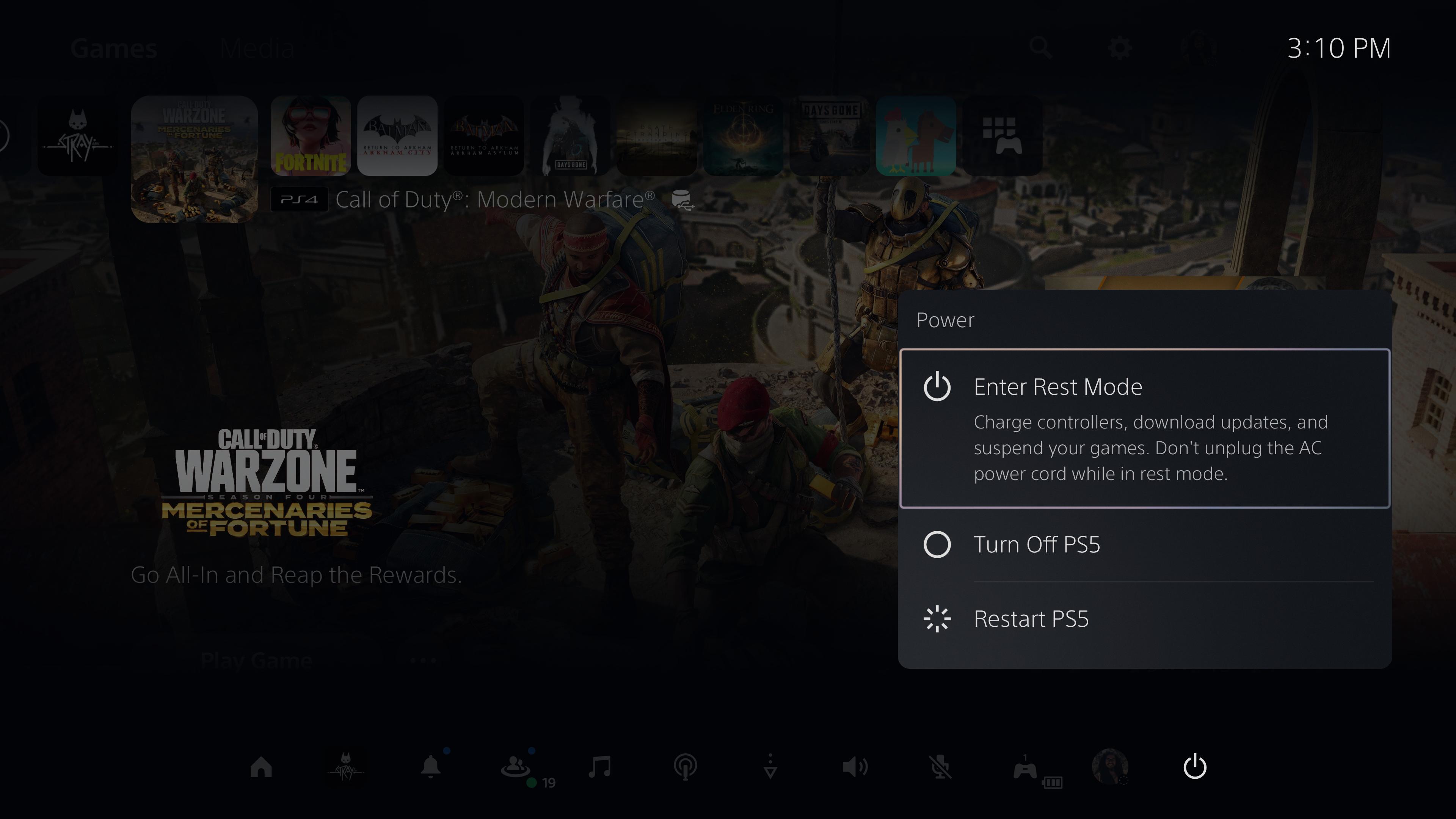 Menu allowing you to place PS5 into Rest Mode.