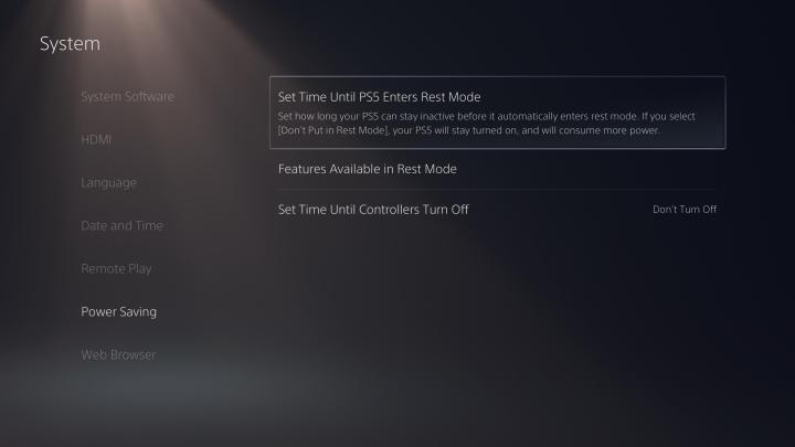 The auto Rest Mode menu within the PS5's settings.