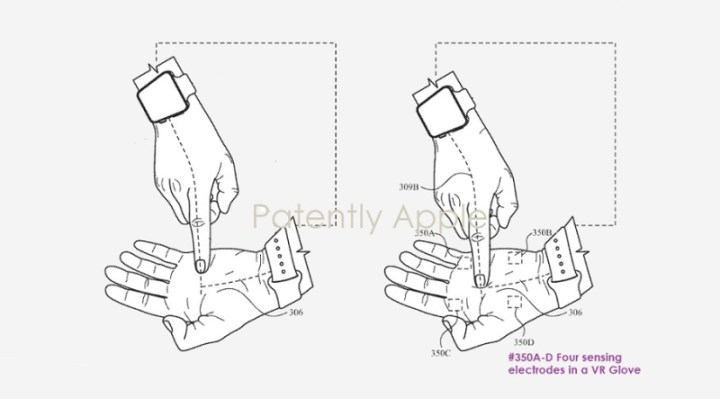 A patent diagram showing fingers touching the palm of the hand while a watch monitors the action