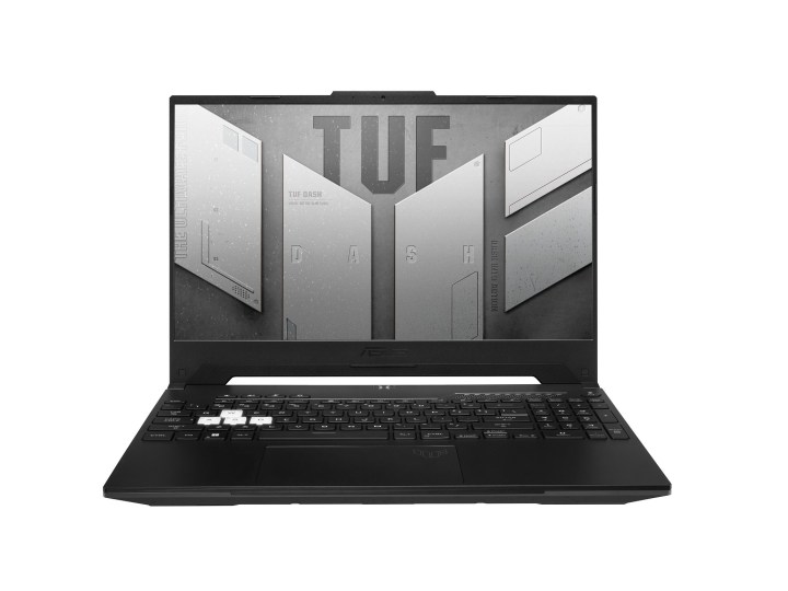 Asus TUF Dash 15 144Hz Gaming Laptop open and on product image.