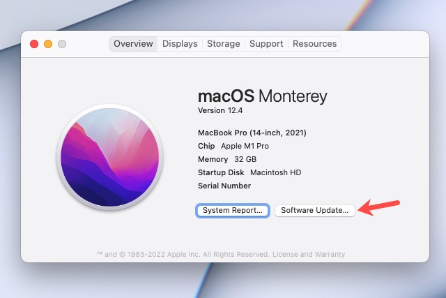 Об этом окне Mac с кнопкой «Обновление программного обеспечения».