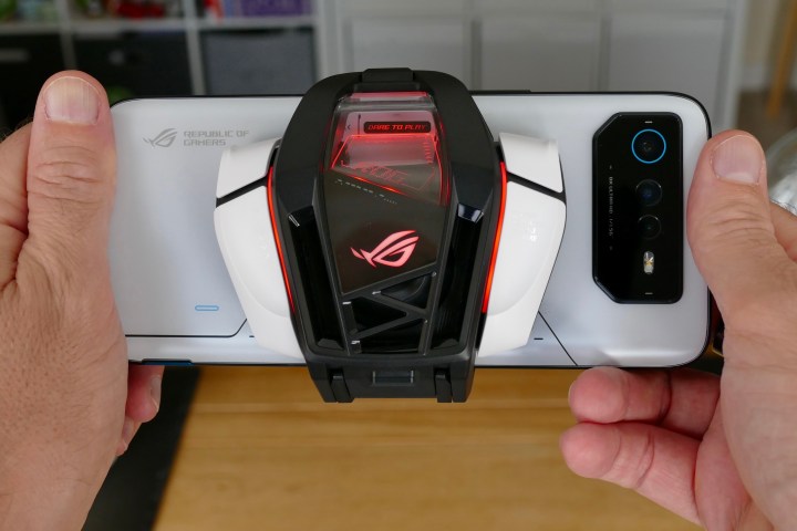 Asus ROG Phone 6 Pro with the AeroActive Cooler 6 attached.