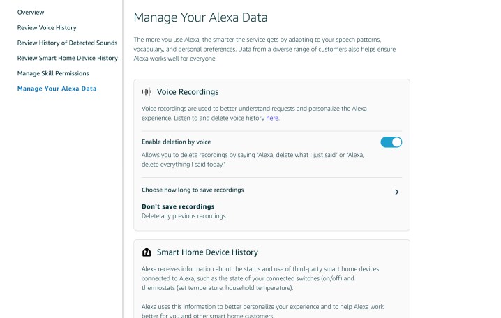 Configurações de privacidade do Alexa.