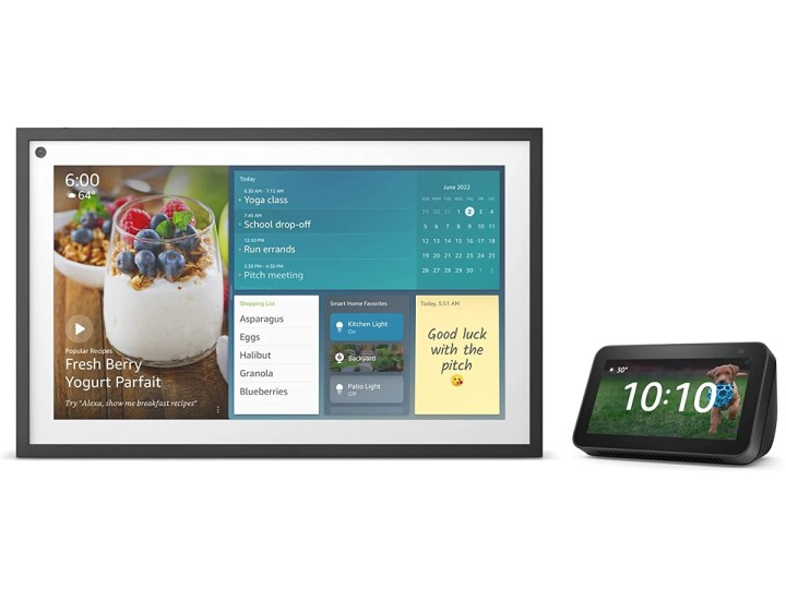 The Amazon Echo Show 15 and Echo Show 5, broadside  by broadside  connected  a achromatic  background.