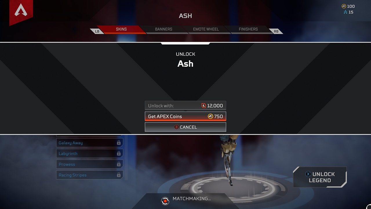Jugador de Apex Legend intentando comprar Ash con Legend Tokens.