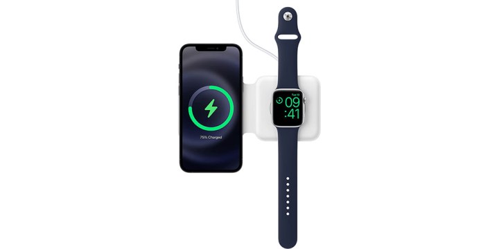 Apple MagSafe Duo Charger on a white background while showing an Apple Watch and iPhone charging on it.