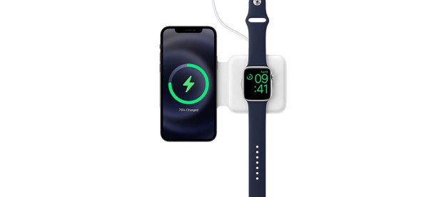 Apple MagSafe Duo Charger on a white background while showing an Apple Watch and iPhone charging on it.