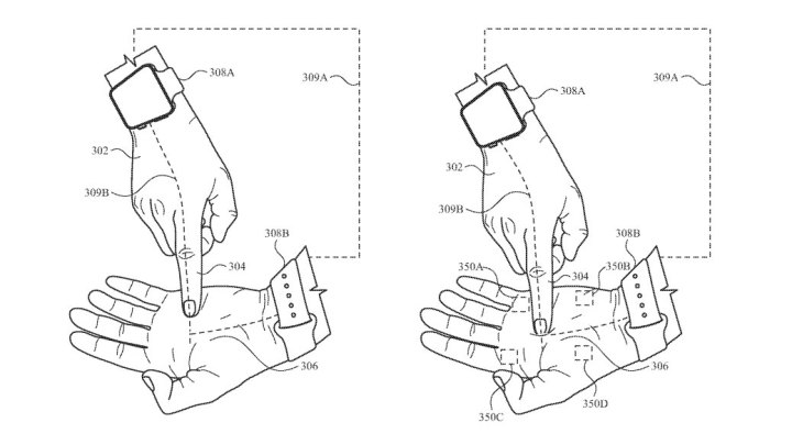 An Apple patent showing two Apple Watches being used to enable gesture control on a VR headset.