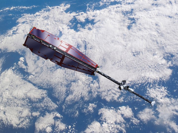 An artist's impression of Swarm, ESA's first Earth observation constellation of satellites.