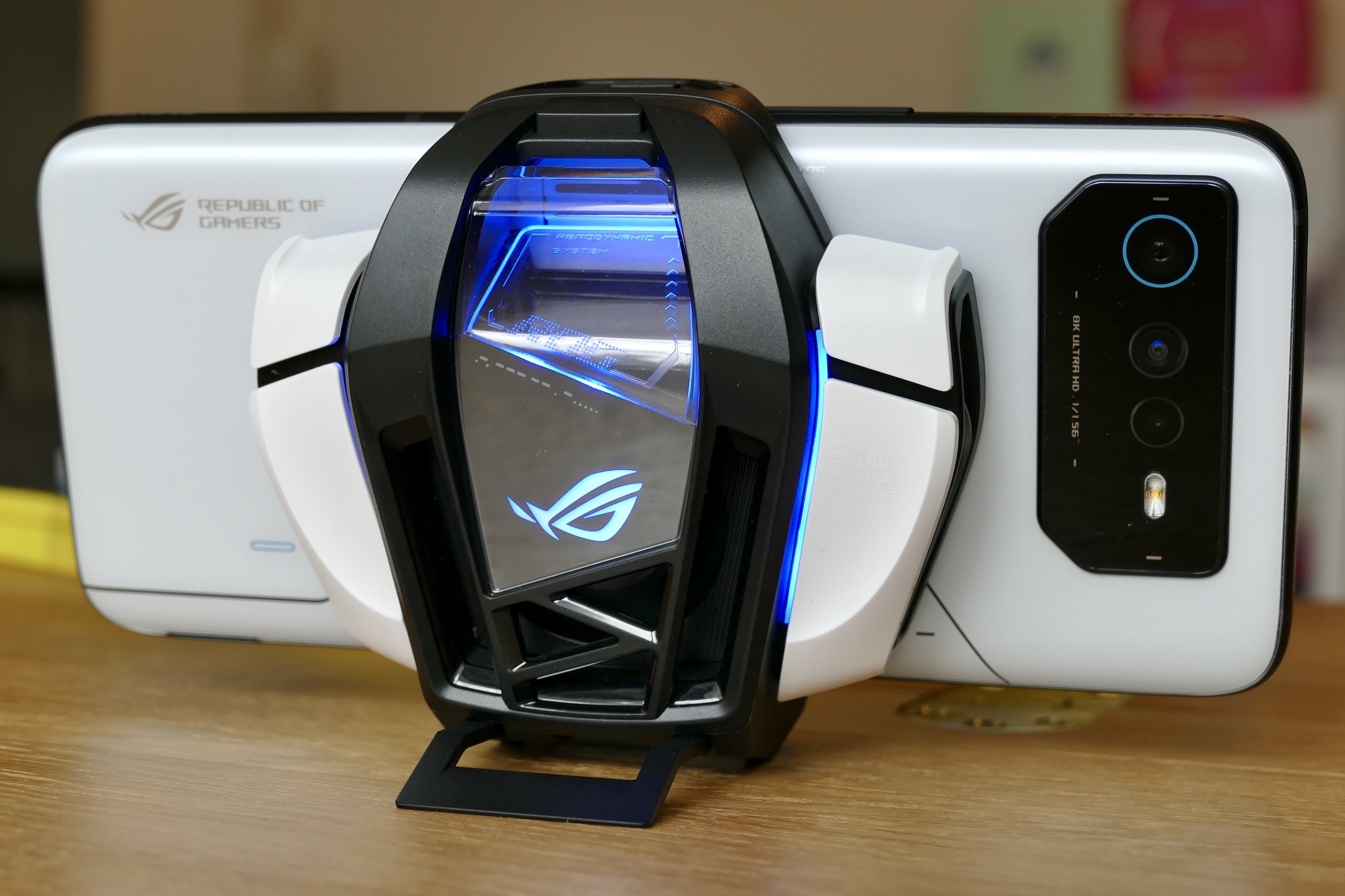 Asus ROG Phone 6 AeroActive Cooler 3 with its stand.