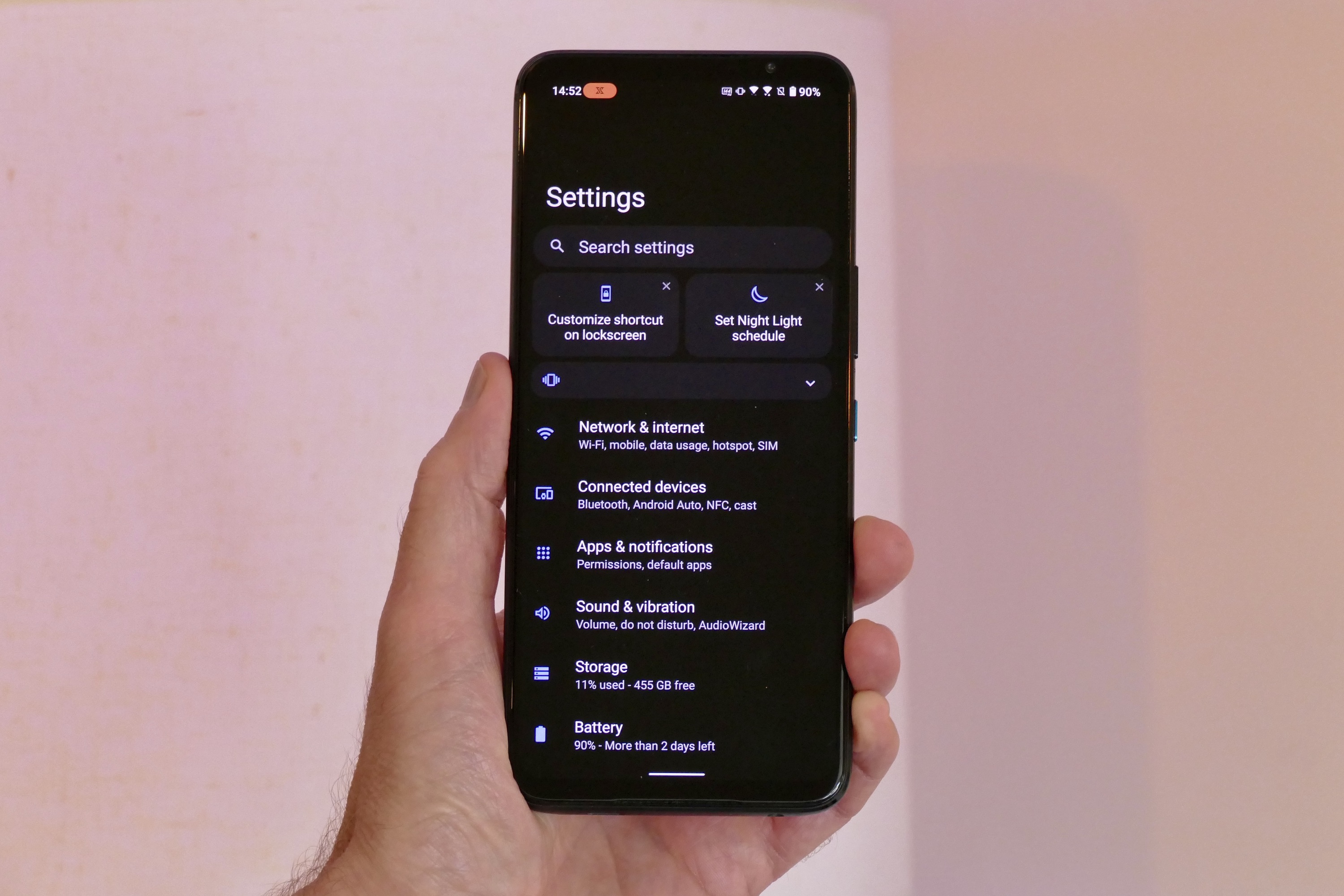 Settings screen on the Photo taken with the Asus ROG Phone 6 Pro.
