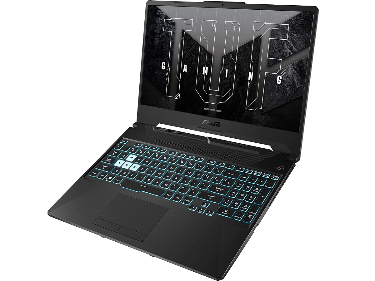 The Asus TUF F15 gaming laptop with the screen open.
