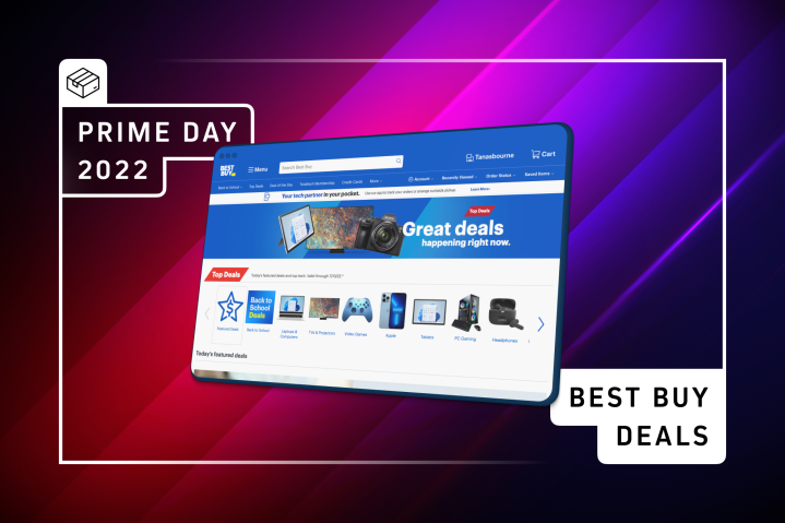 Best Buy Prime Day graphic with a screen from bestbuy.com.