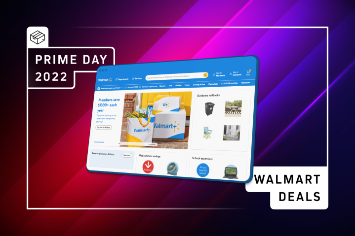 Walmart Prime Day graphic with a screen from Walmart.com.