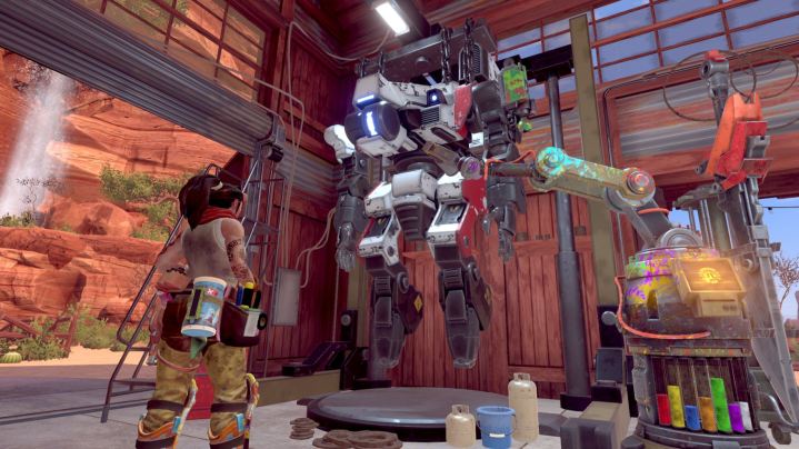 Clem works on his mech at Bounty Star.
