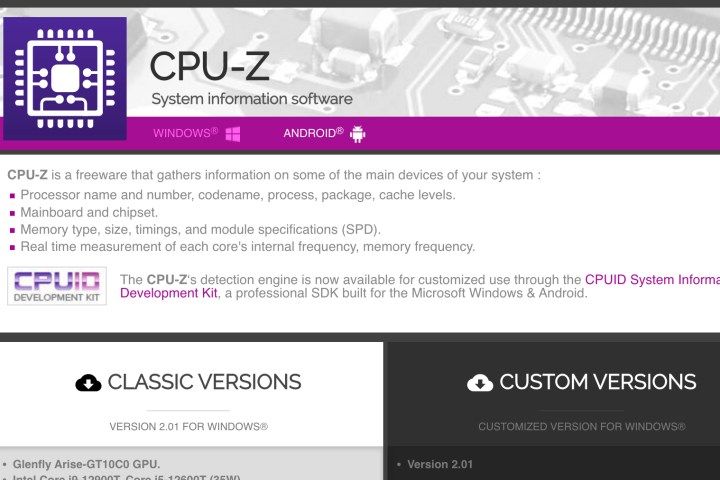 Página de inicio de CPU-Z.