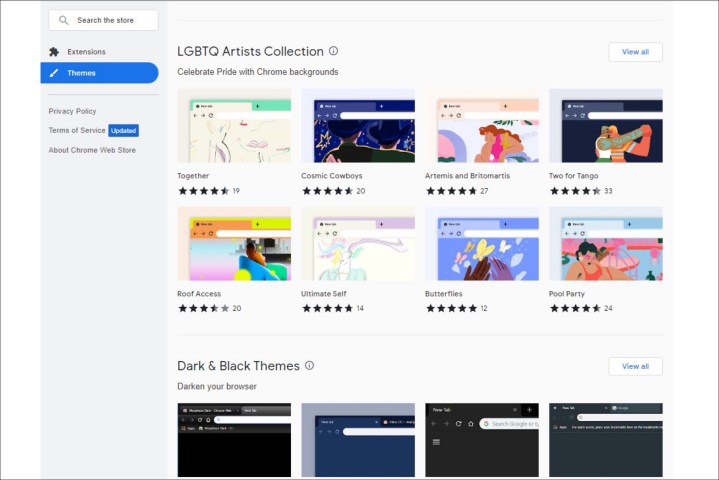 بخش تم ها در فروشگاه وب Chrome.