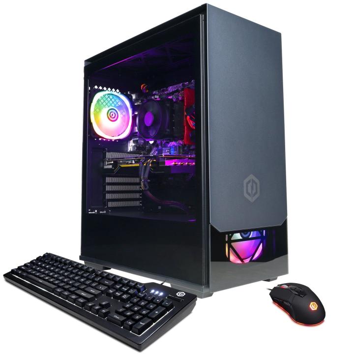 CyberPowerPC Gamer Xtreme gaming PC sits next to a keyboard and mouse on a white background.