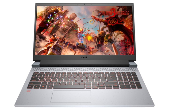 Dell G15 Gaming Laptop placed on a white background while displaying a colorful scene.