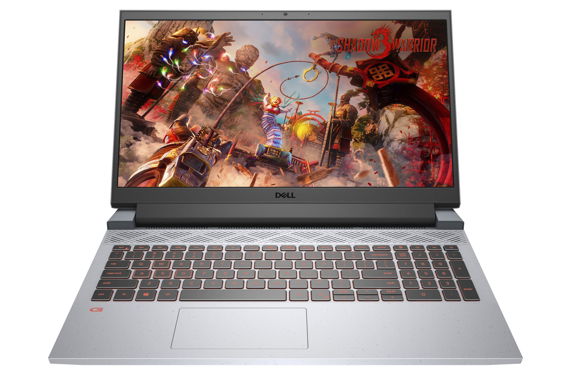 Laptop para jogos Dell G15 colocado sobre um fundo branco enquanto exibe uma cena colorida.