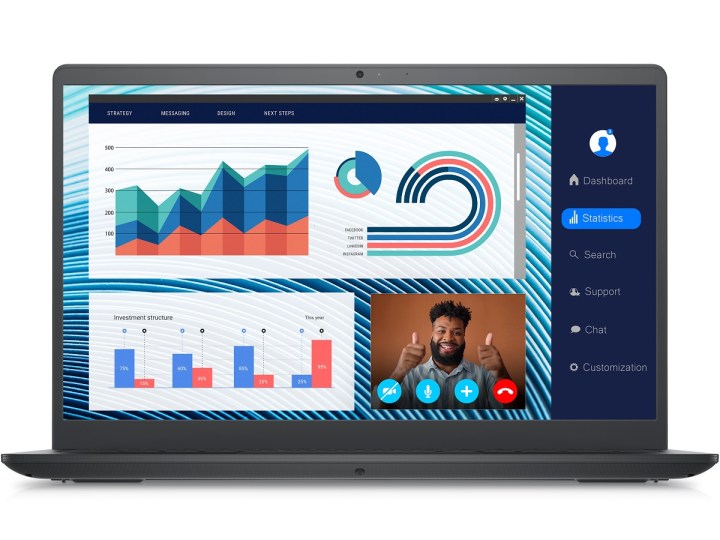 The front view of the Dell Vostro 3420 laptop, showing charts and a video call on the display.