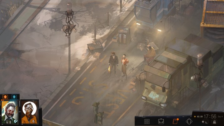 Disco Elysium player standing in the street with Kim.