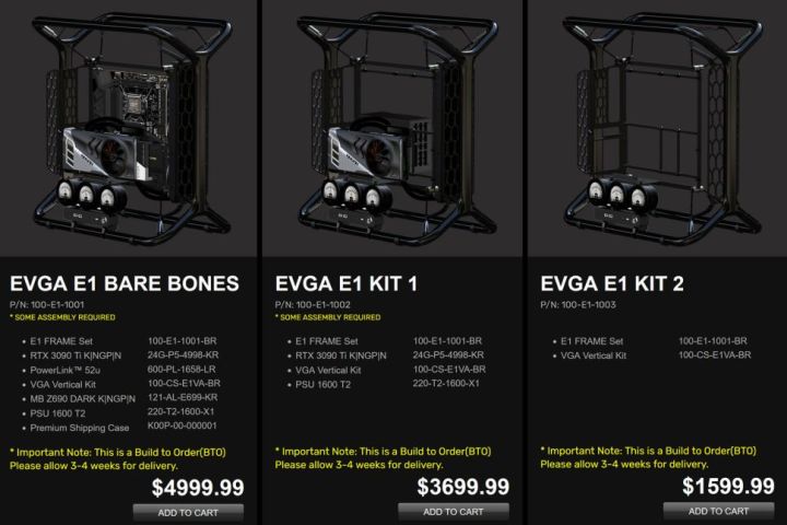 Los niveles de precios para los kits de carcasas para PC E1 de EVGA.
