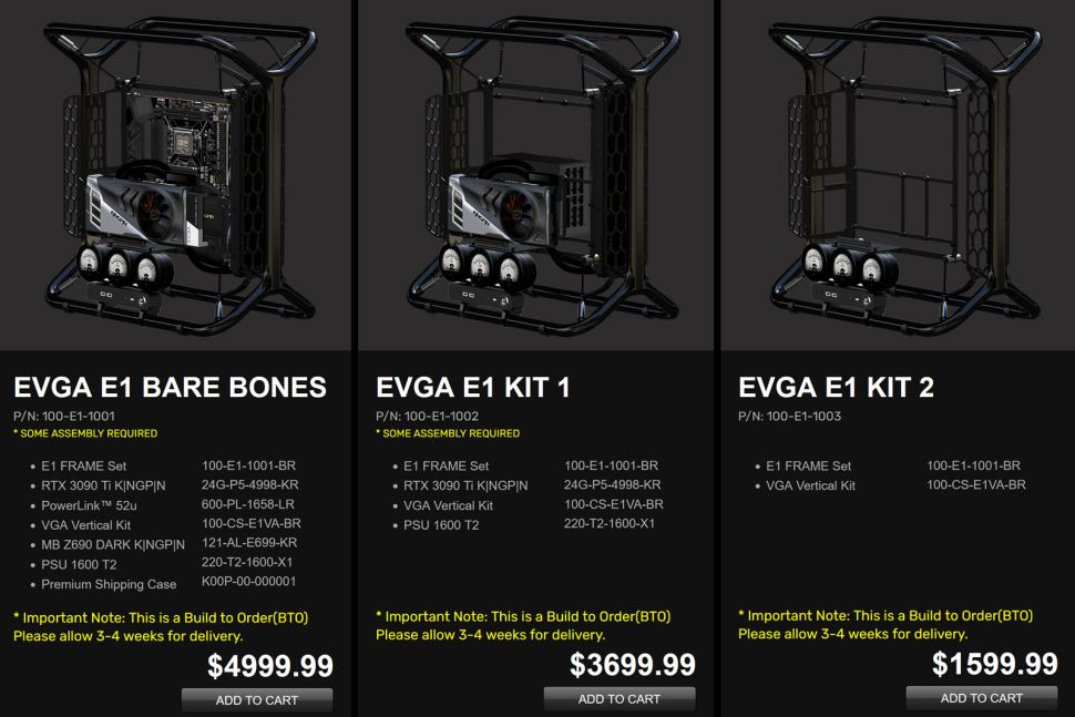 Os níveis de preços dos kits de gabinetes E1 da EVGA para PC.