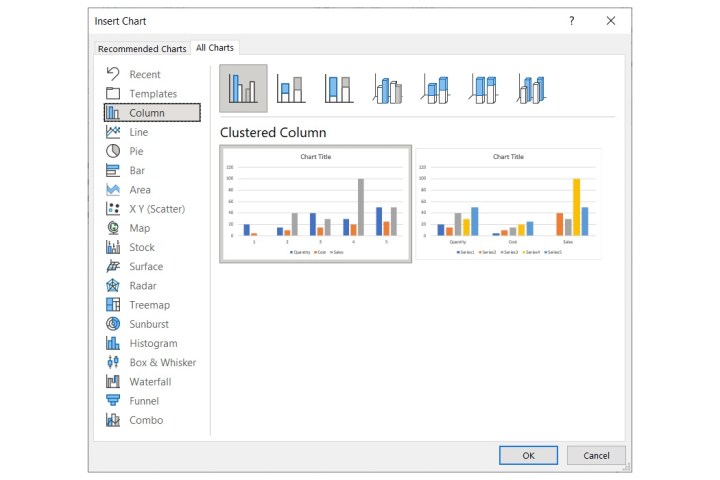 Tipos de gráficos disponibles en Excel.