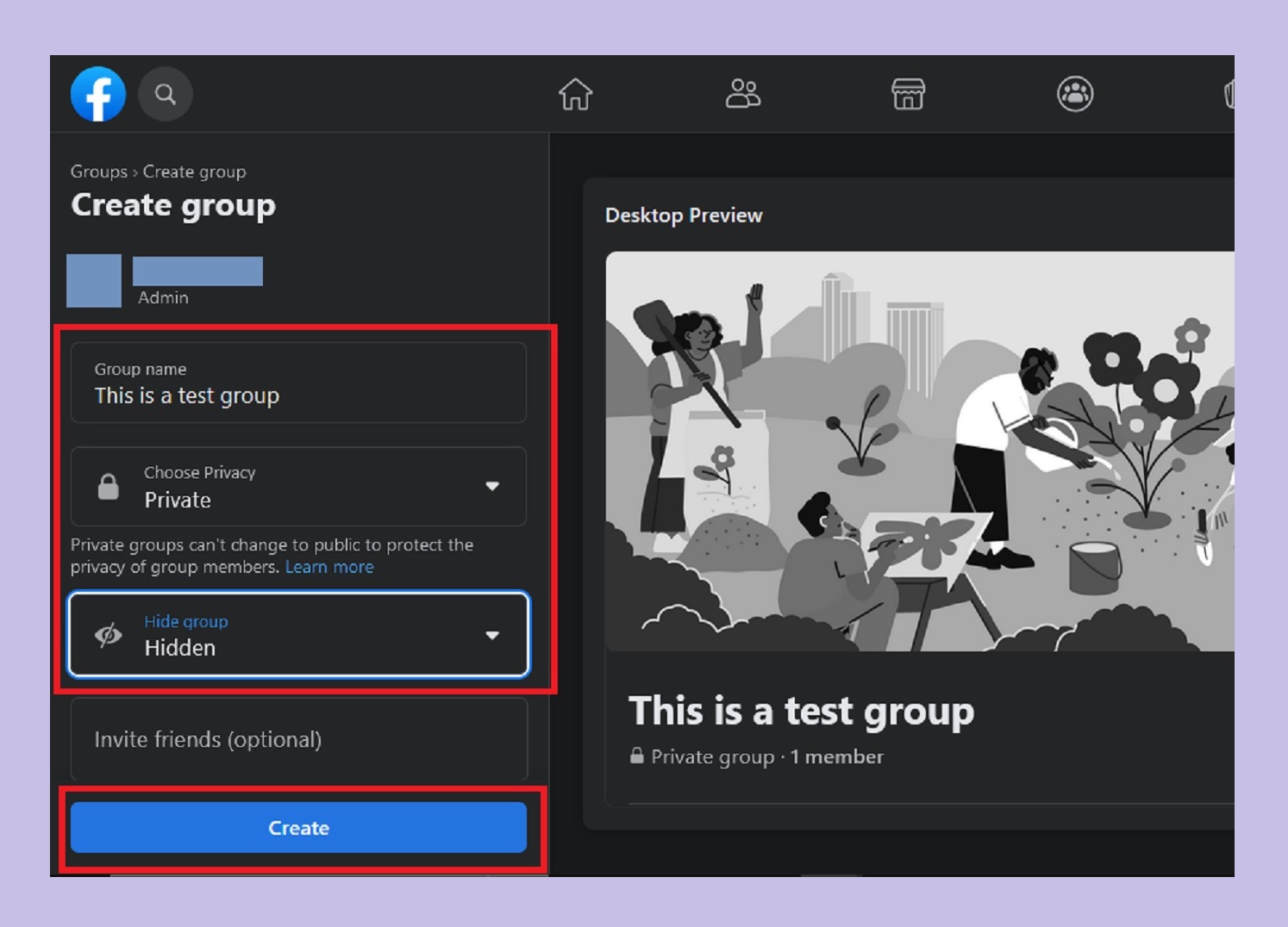 La pantalla Crear grupo en Facebook para la web de escritorio.