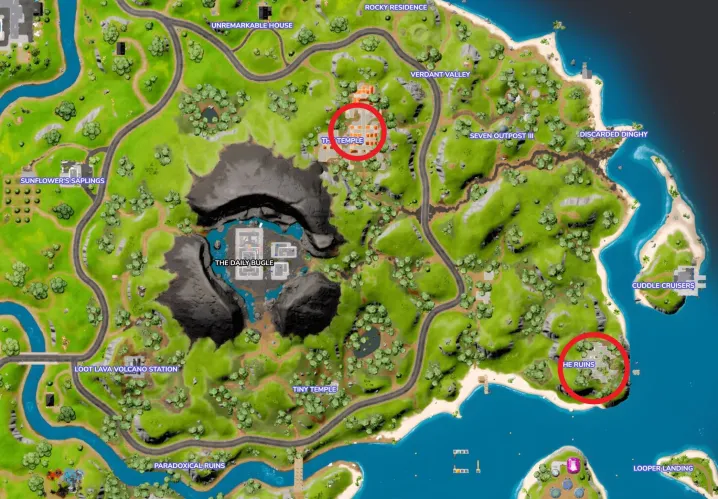 Mapa de ruinas y templo en Fortnite.