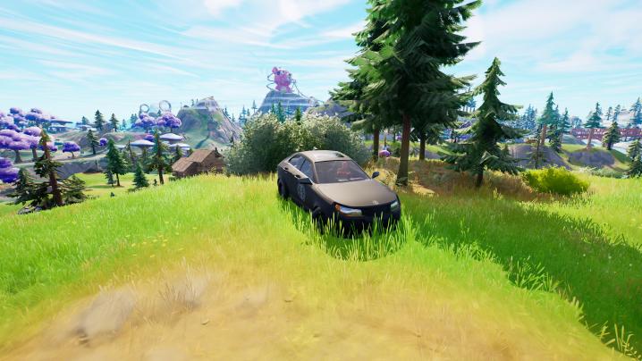 Car next to trees in Fortnite.