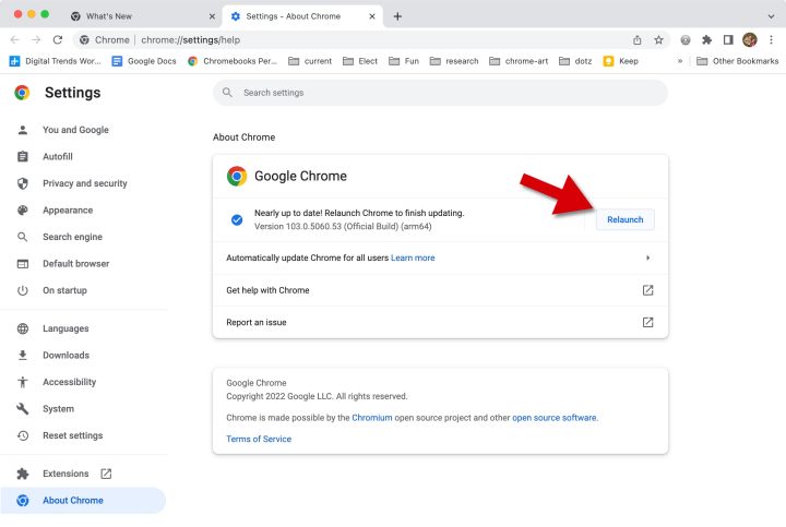 En la página Acerca de Chrome, reinicia para actualizar.