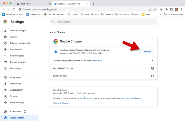 From the About Chrome page, relaunch to update.