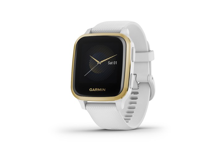 Front angle of the Garmin Venu Sq smartwatch in light gold aluminum.