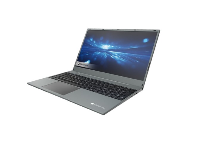 Front diagonal view of a gray Gateway Ultra Slim Notebook laptop on a white background.