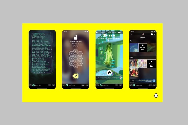 Snapchat'teki Ghost Phone AR oyunundan farklı sahneleri gösteren dört akıllı telefon serisi.