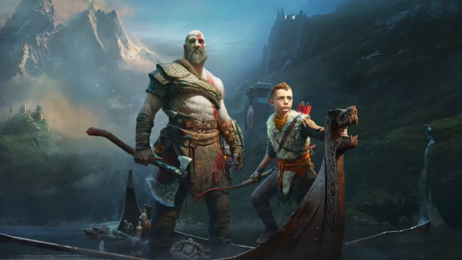 Kratos e Atreus em um barco na arte promocional de God of War.