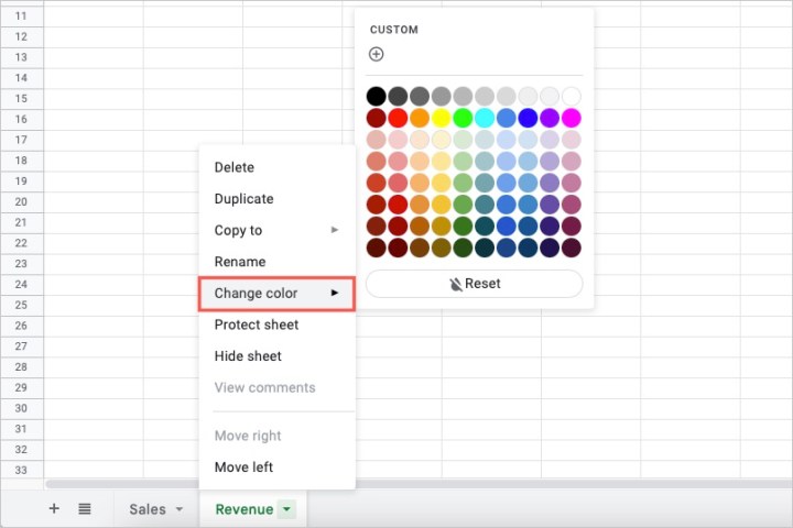 Color options in the Change Color menu for a sheet tab.