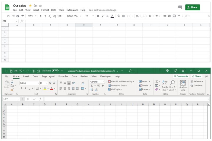 Hojas de cálculo de Google e interfaces de Excel.