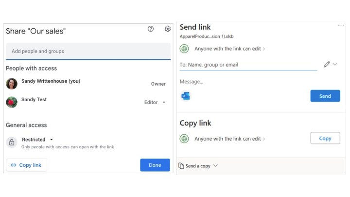 Options de partage Google Sheets et Excel.