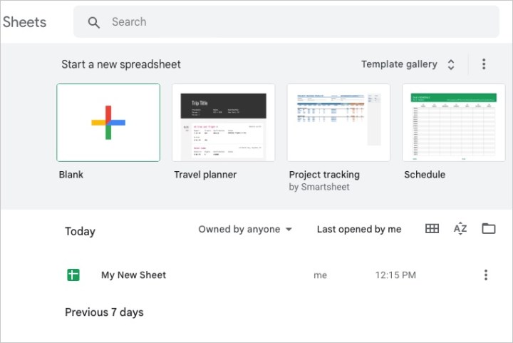 Google Sheets main page with templates and a Blank option.
