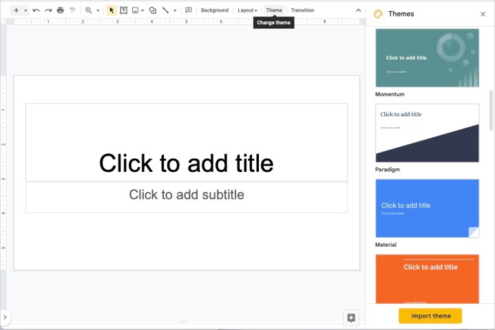 Theme button in the Google Slides toolbar.