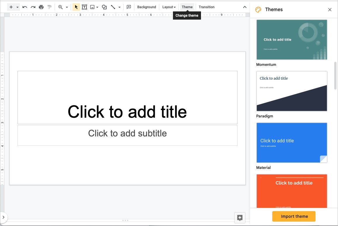 Theme button in the Google Slides toolbar.
