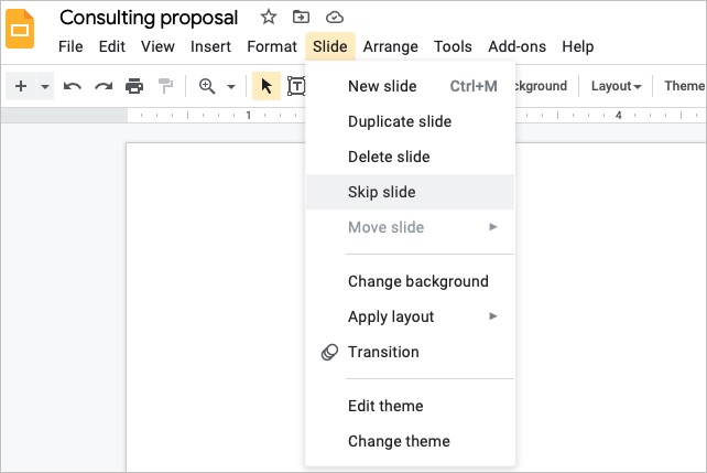 Skip Slide in the Slide menu.